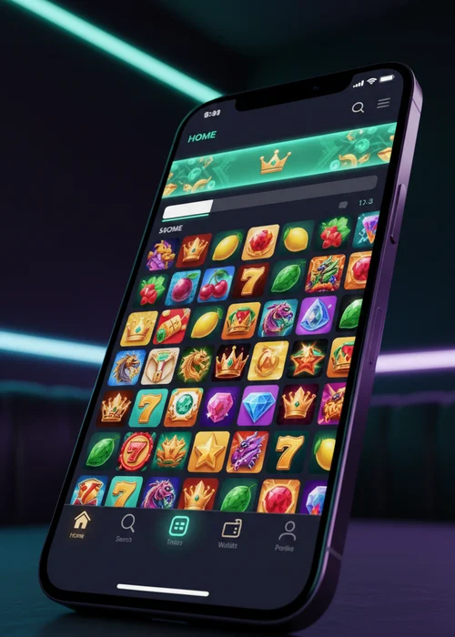 Queenbet Casino mobile interface showcasing various slot games and a welcome bonus banner, optimized for mobile players.