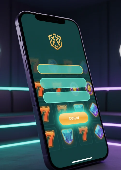 Queenbet Casino login interface displayed on a mobile phone, showing email and password input fields with secure lock icons.